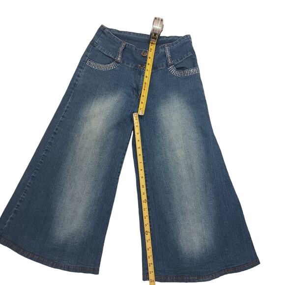 Y2K GAUCHOS Coullotes Jrs Sz XL Denim Stretch Spandex RHINESTONES Sun Fade - Picture 13 of 16